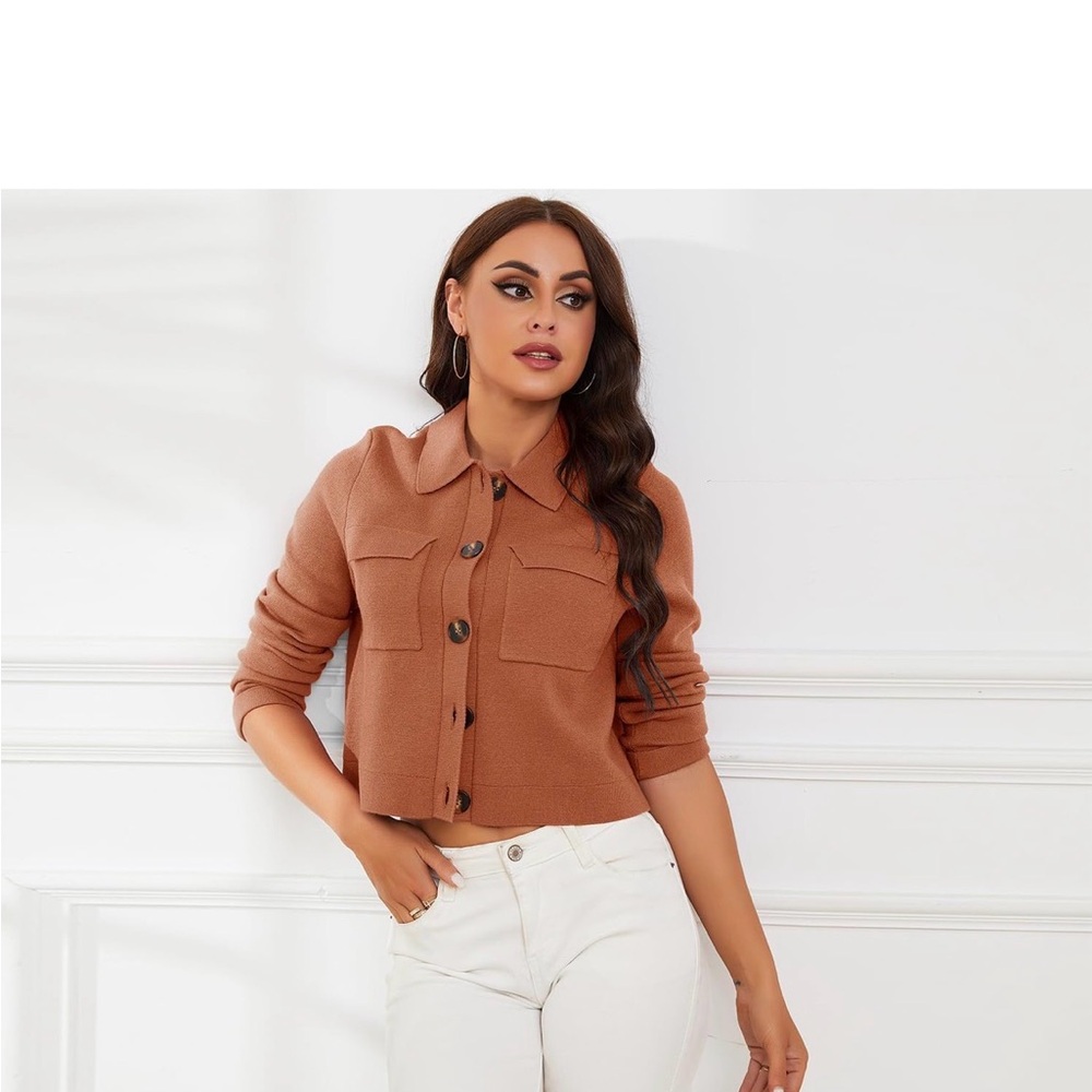 SHY‎ Velvet Women’s Wool Blend Knit Crop Button Up Cardigan Rust Preppy Chic S